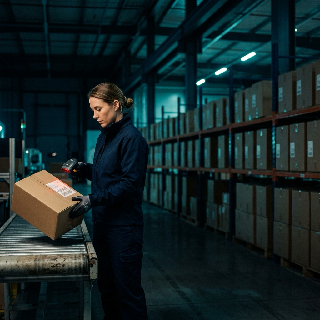 Logistics worker scanning a shipping parcel in a modern fulfilment warehouse for IOSS EU import VAT compliance
