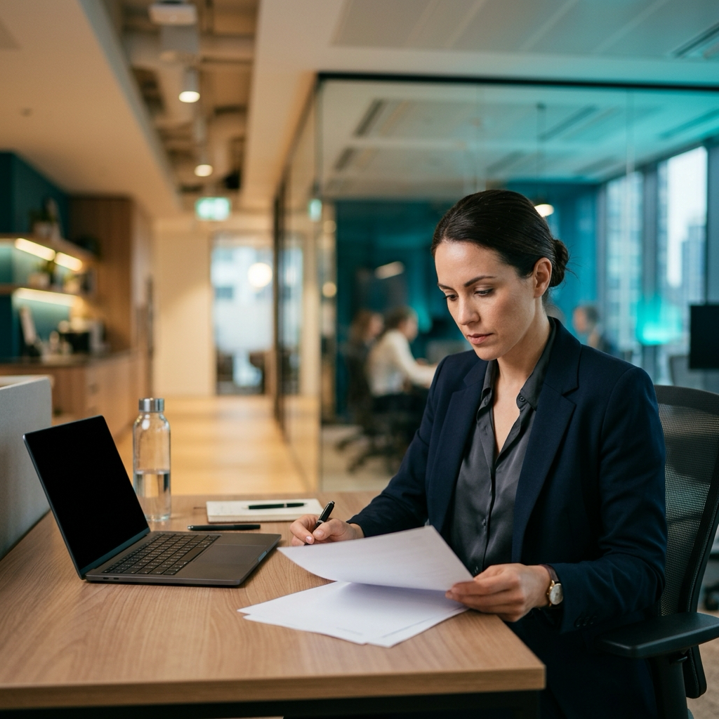 Tax professional reviewing VAT refund and compliance documents at a modern office desk