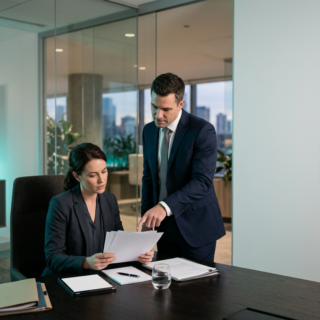Two VAT compliance professionals in a consultation at a modern office, reviewing cross-border tax documentation